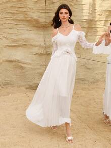 Modelyn Blusa elegante con cuello en V, volantes en la cintura y tela de encaje + Falda plisada, Primavera/Verano - Blanco - Ver 9