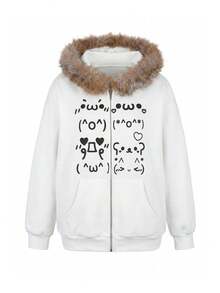 ROMWE Grunge Punk SpringOversized Graphic Zip-Up Sweatshirt With Furry Collar For Women, Casual - White - View 7