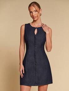 COSMINA Women's Elegant Sleeveless Teardrop Collar Waist Flared Denim Mini Dress, Versatile For Commuting, Party - Dark Wash - View 1