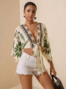 Vesra 女士夏季度假椰树印花蝙蝠袖系带衬衫 - 橄欖綠 - 查看 5