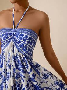 Lyxana Women's Tropical Plant Print Halter Casual Dress, Vacation - Blue and White - View 6