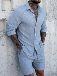 Manfinity Homme Men's Dusty Blue Textured Jacquard Striped 2 Pieces Suit Set,Autumn Casual Vacation Holiday Solid Color Long Sleeve Button Up Shirt And Shorts Set - Baby Blue - View 5