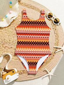 女童（小号）波西米亚风连体泳衣，弹力梭织面料，适合度假海滩游泳 - 彩色 - 查看 3