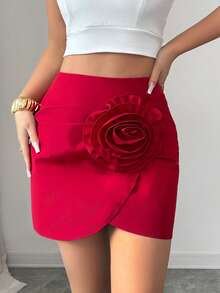 Rafferiza 女士立体花卉图案时尚百搭约会/外出迷你裙 - 紅色 - 查看 5