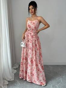 Rafferiza Cinched Waist Drawstring Strap A-Line Dress, Featuring Elegant Digital Printing Design, Suitable For Graduation Ceremony And Vacation Wear - Dusty Pink - View 4