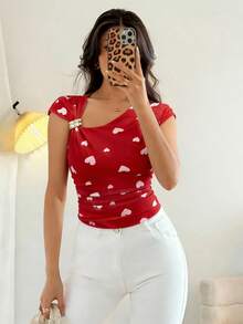 SHEIN ChicEase Casual Random Heart Print Mesh Fabric Top For Women Asymmetrical Neck Cap Sleeve Regular Length Multicolor Design - Multicolor - View 1