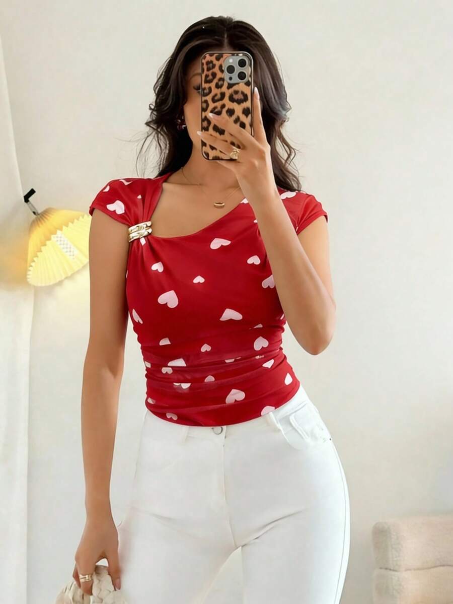 SHEIN ChicEase Casual Random Heart Print Mesh Fabric Top For Women Asymmetrical Neck Cap Sleeve Regular Length Multicolor Design - Multicolor - View 1