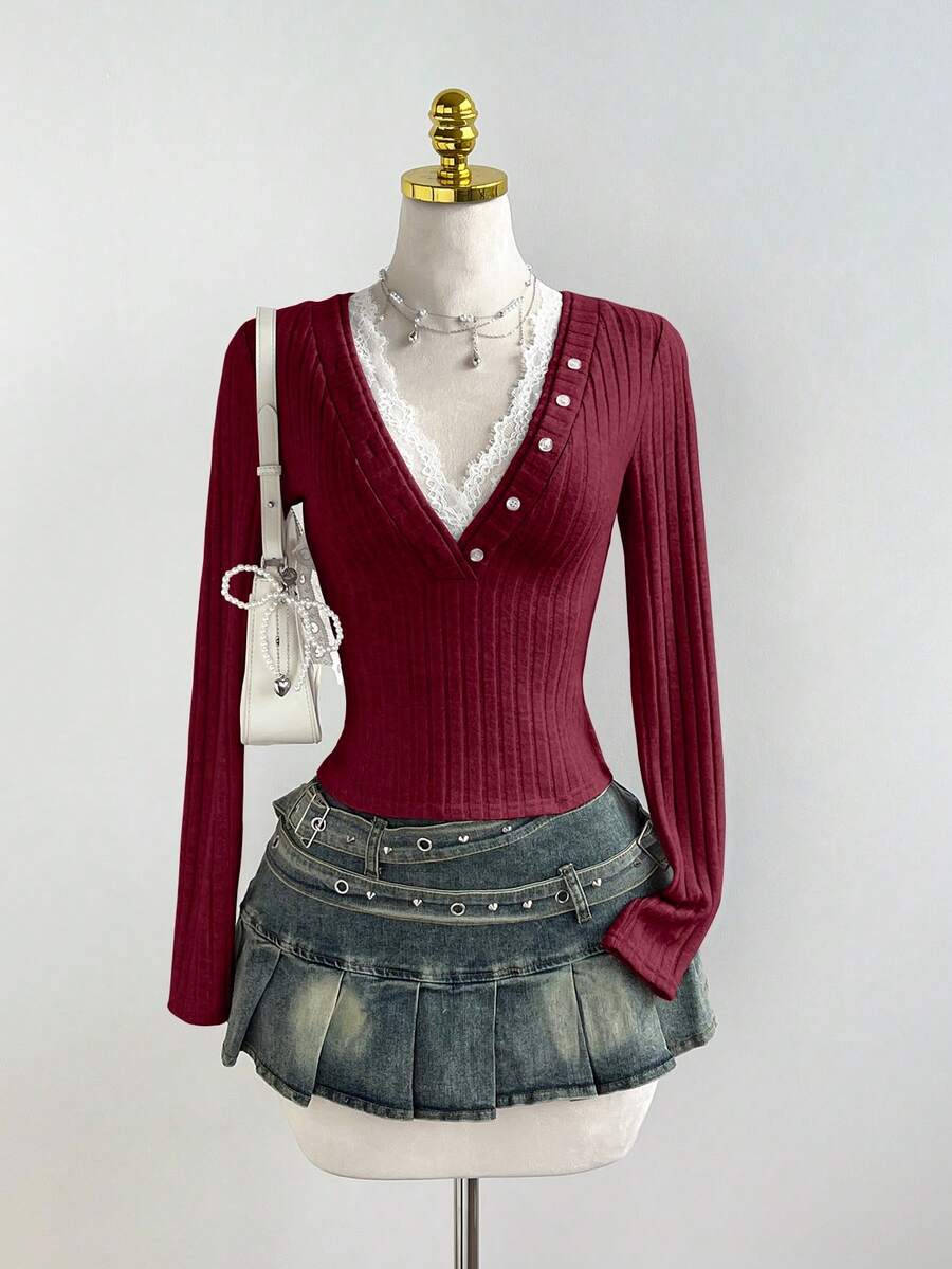 Elamini Sweet & Cute Textured Lace Splice Deep V Slim Fit Long Sleeve T-Shirt, Spring Knitted Tops For Women Maroon Top - Burgundy - View 1