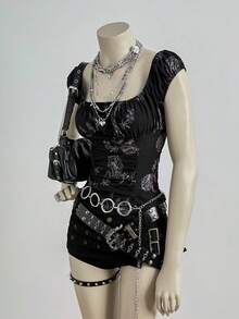 EgrlEra Áo sơ mi nữ cổ rộng, xếp ly, họa tiết hoa tối màu cổ điển - màu đen - Xem 6