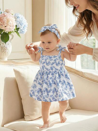 SHEIN 女婴碎花系带吊带连衣裙