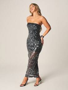 MISSGUIDED Đầm midi cúp ngực đính sequin dáng suông, thích hợp dự tiệc, dạ hội, các dịp trang trọng, ôm sát cơ thể. - màu đen - Xem 4