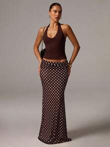 Avenya Knitted Polka Dot Print Fitted Skirt, Fashionable & Versatile For Summer - Mocha Brown - View 1