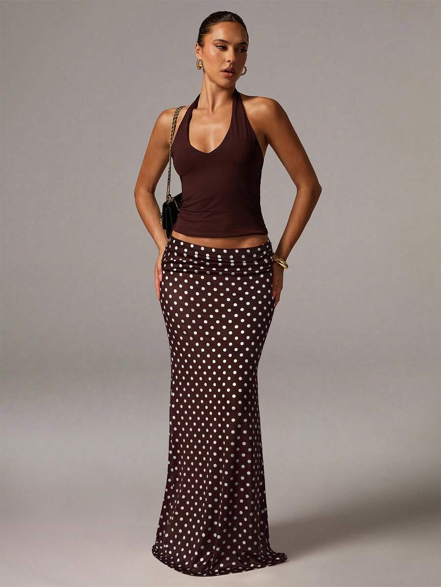 Avenya Knitted Polka Dot Print Fitted Skirt, Fashionable & Versatile For Summer - Mocha Brown - View 1