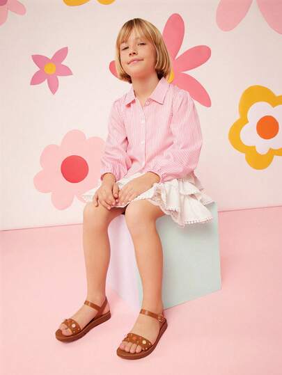 Mini mi #GemCute Kids' Stone Decor Premium Vegan Leather Tan Ankle Strap One Band Flat Sandals – Secure, Playful & Comfortable