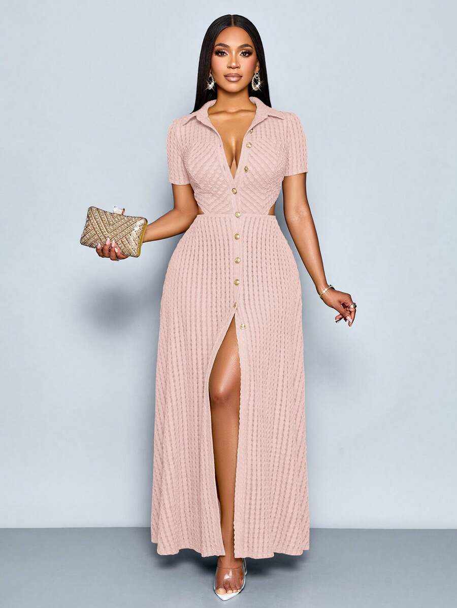 SOLERSUN 女士优雅V领纹理面料开襟纽扣短袖长裙 - 淺粉色 - 查看 1