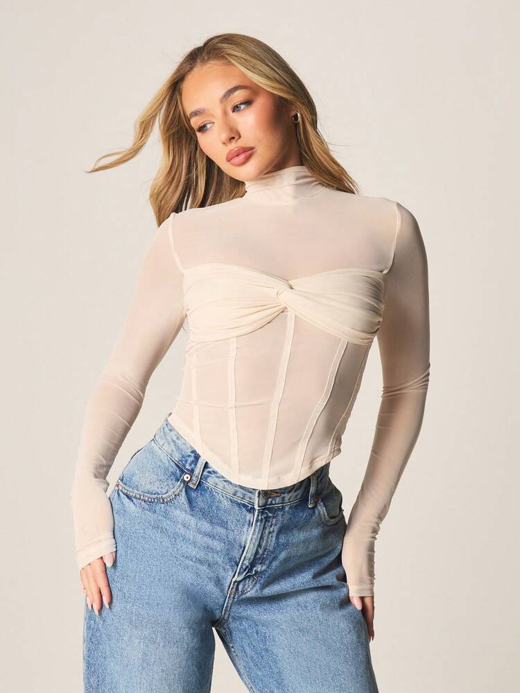 MISSGUIDED Top de manga larga con cuello alto, estilo corset, con detalle en el busto y acento de lazo delantero para usar en capas en atuendos de otoño e invierno
