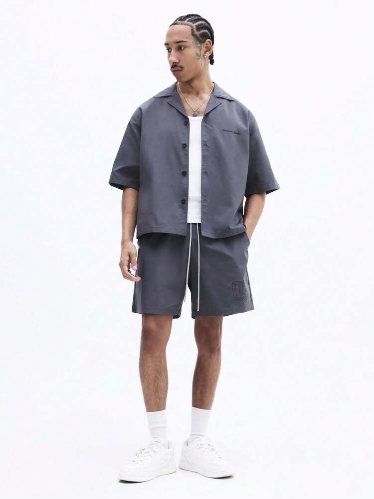SUMWON Charcoal Button Front Shirt And Elastic Waist Shorts Matching Set With Digital Print Design