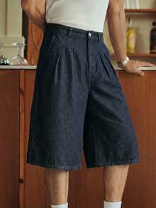 SWAVVY 男士纯色褶裥腰带环宽松直筒牛仔短裤 - 藍色 - 查看 5