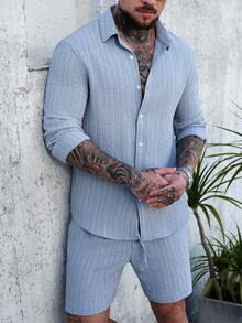 Manfinity Homme Men's Dusty Blue Textured Jacquard Striped 2 Pieces Suit Set,Autumn Casual Vacation Holiday Solid Color Long Sleeve Button Up Shirt And Shorts Set - Baby Blue - View 4