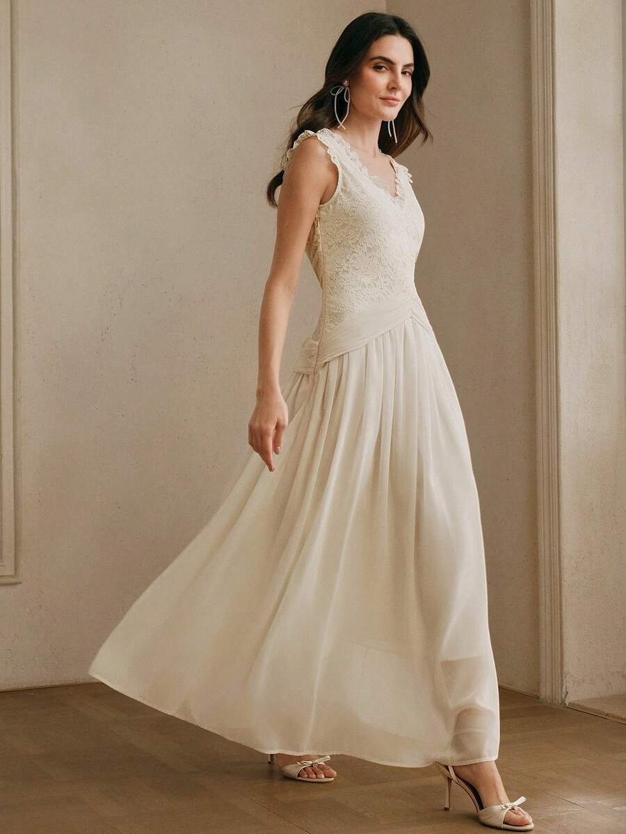 Anewsta 女士新款优雅杏色柔软V领无袖蕾丝拼接腰部褶裥修身喇叭连衣裙，适合派对、度假和日常穿着 - 杏色 - 查看 1