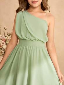 SHEIN Đầm maxi xòe thanh lịch cho bé gái tuổi teen, chất liệu chiffon, dây mảnh, eo thắt và khóa kéo phía sau, thích hợp mặc hàng ngày, dự tiệc, đám cưới, làm phù dâu, mùa xuân/hè. - màu xanh lá - Xem 8