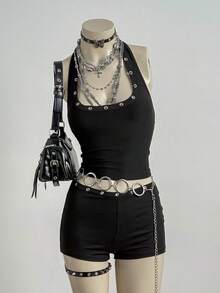 SHEIN DivaQ 女士金属孔眼吊带露脐上衣和短裤两件套 - 黑色 - 查看 1
