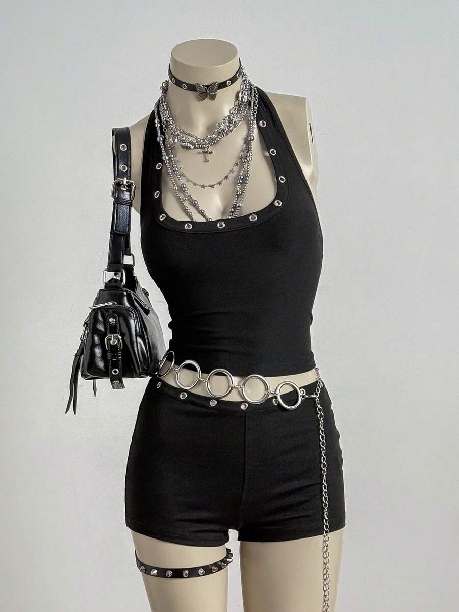 SHEIN DivaQ 女士金属孔眼吊带露脐上衣和短裤两件套 - 黑色 - 查看 1