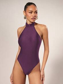 Hauture Women's Solid Color Halter Neck Bodysuit, Fitted And Versatile For Daily Wear - Purple - View 7