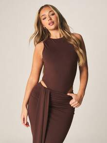 MISSGUIDED Double Layered Racer Neck Bodysuit With Ruched Maxi Skirt Co-Ord Set Two Piece Sleeveless Fitted Outfit - Coffee Brown - View 3