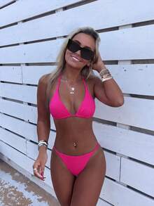 Swim Vcay Bikini de 2 piezas con tiras finas y escote halter de tela especial para vacaciones de primavera/verano 2026, color fucsia, sexy y con tanga - Rosa Fucsia - Ver 1