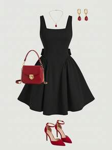 SHEIN MOD Plus Size Women Square Neck Sleeveless Dress With Bow Decor At Back - Black - View 4