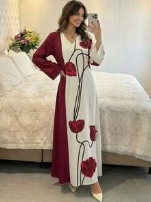Yasmyna Đầm dài tay dáng rộng cổ chữ V dệt in họa tiết phối màu tương phản dành cho nữ, kiểu Ả Rập. - Đỏ - Xem 1