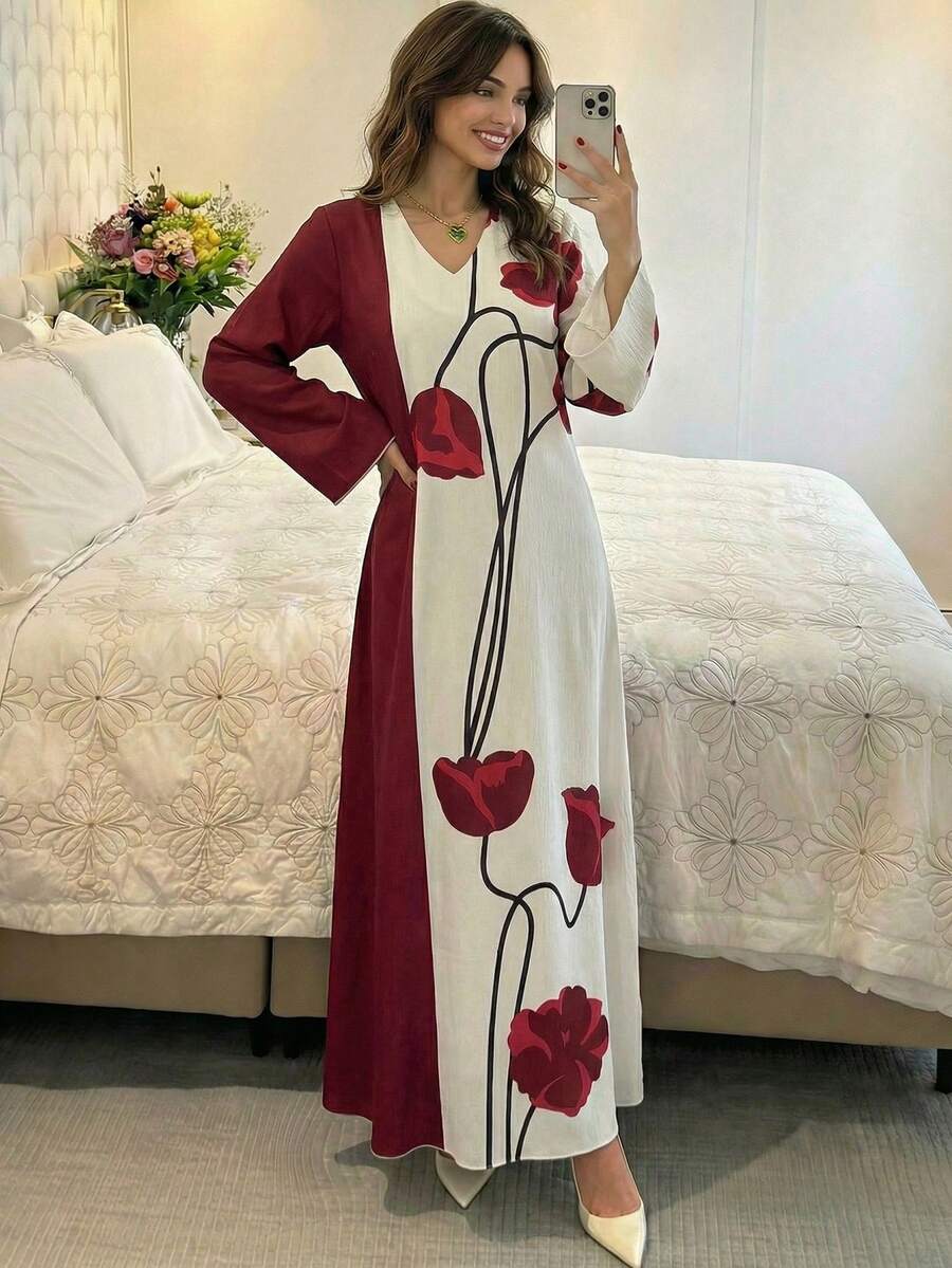 Yasmyna Đầm dài tay dáng rộng cổ chữ V dệt in họa tiết phối màu tương phản dành cho nữ, kiểu Ả Rập. - Đỏ - Xem 1