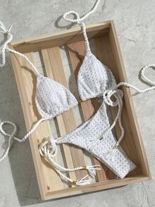 Swim Mod 女士提花面料挂脖金属装饰编织比基尼套装，春夏款 - 白色 - 查看 1