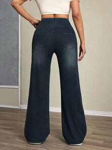 Flexra Jeans casuales y versátiles de talle alto y pierna ancha para mujer - Azul lavado oscuro - Ver 2