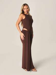 MISSGUIDED Double Layered Racer Neck Bodysuit With Ruched Maxi Skirt Co-Ord Set Two Piece Sleeveless Fitted Outfit - Coffee Brown - View 4