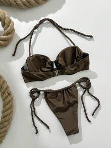 Swim Vcay Bộ bikini hai mảnh màu trơn dành cho nữ, kiểu cổ yếm, có gọng nâng ngực, thích hợp cho mùa xuân/hè. - màu nâu - Xem 3