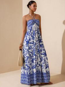 Lyxana Women's Tropical Plant Print Halter Casual Dress, Vacation - Blue and White - View 3