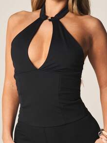 MISSGUIDED 露背吊带上衣，纽扣系带，适合晚宴、夜店穿着，修身剪裁，女士无袖上衣，夏季款 - 黑色 - 查看 5