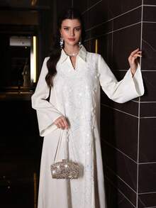 Yasmyna Stand Collar Sequins Embroidered Textured Solid Color Dress - White - View 5