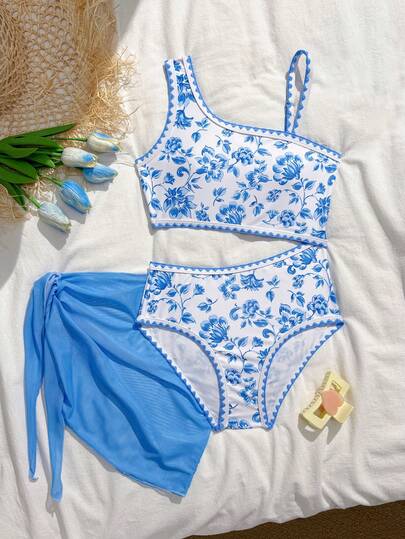 Conjunto de traje de baño de una pieza con estampado de estilo chino, cuello asimétrico y recortes, talla grande falda de unicolor para niña preadolescente