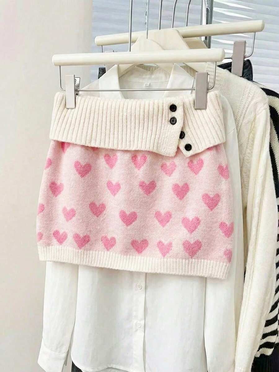Resyla Esta elegante y dulce minifalda de punto con estampado de corazones es perfecta para el Día de San Valentín. El diseño de bloques de color de cintura baja cuenta con una cinturilla acanalada ancha y adornos de jacquard con corazones. Un estilo de falda lápiz romántico para el Día de San Valentín, esta dulce y linda falda de cintura baja ajustada con una cinturilla vuelta es adecuada para el verano, vacaciones de verano, primavera y el Día de San Valentín. - Multicolor - Ver 1
