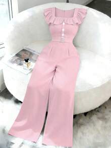 Elenzga Bộ đồ liền thân thắt lưng giả cổ vuông phối bèo nhún mới cho nữ, bộ đồ liền thân cạp cao thanh lịch, thoải mái khi đi làm hàng ngày - Hồng - Xem 6