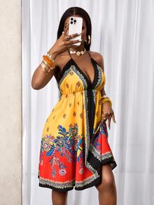 BamGleam Women's Spaghetti Strap Tie Backless Floral Print Ruffle Sexy Date Party Mid-Length Slip Dress - Multicolor - View 5