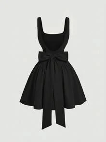 SHEIN MOD Plus Size Women Square Neck Sleeveless Dress With Bow Decor At Back - Black - View 6