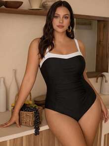 Swim Chiccia Plus Size Black & White Contrast Color Wide Strap Bandeau Style Side Ruched Minimalist Chic Beach Vacation One-Piece Swimsuit For Women - Black and White - View 6