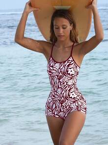 Swim SPRTY 女士夏季新款印花连体泳衣，露背设计，撞色滚边，适合海滩、度假和运动。 - 紅白色 - 查看 2