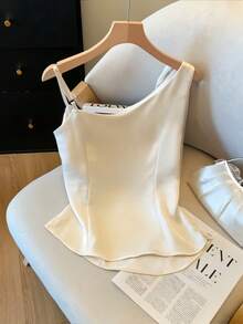 GlowEve 女士纯色缎面吊带背心，肩带可调节，蝴蝶结装饰，垂褶领口，收腰设计，杏色，优雅复古法式风格，适合办公室、通勤、商务、休闲、海滩、日常穿着、婚礼、派对、春夏等场合。 - 杏色 - 查看 2