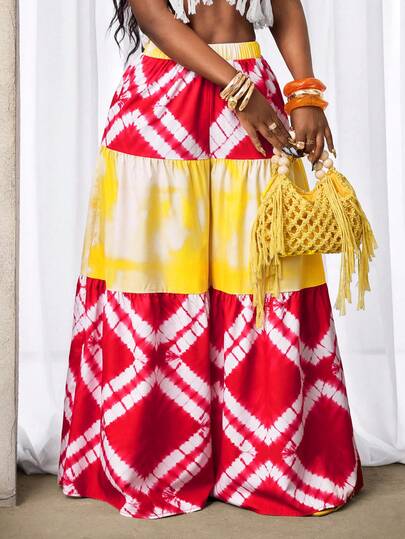 BamGleam Dames vakantiebroek met kleurrijke ruches aan de zoom, all-over print en contrasterende kleuren, wijde pijpen