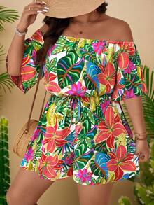SHEIN Clasi Mono informal con hombros descubiertos y estampado para mujer talla grande - Multicolor - Ver 5